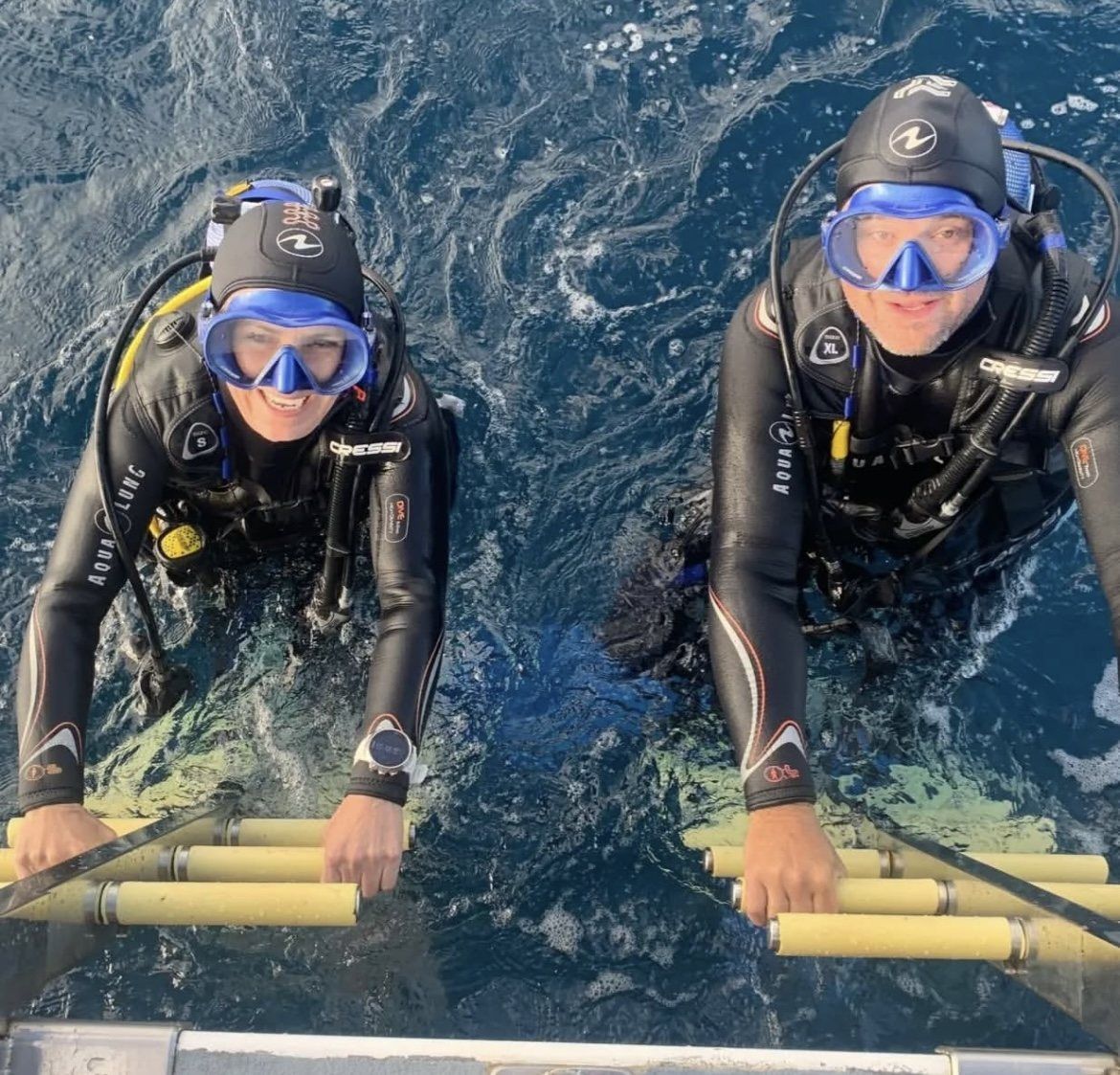 Two divers in full gear on a ladder at the water's edge